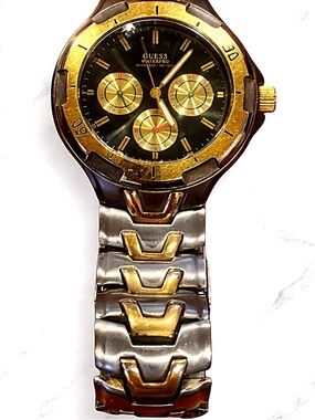 Guess Waterpro Two-Tone Gold Silver Watch Black Dial Chronograph Y2K Vintage